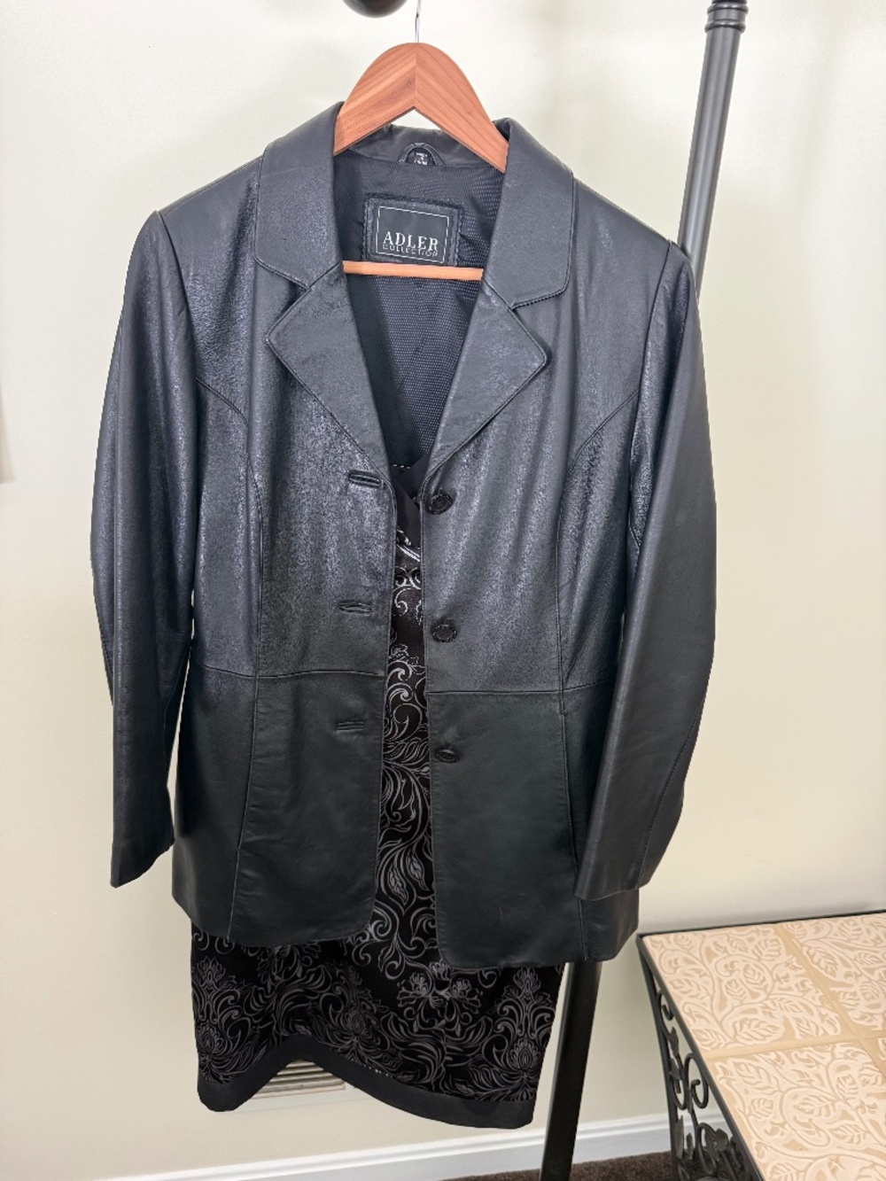 Vintage Adler Leather Blazer & Jones Wear Damask Scroll Dress Combo